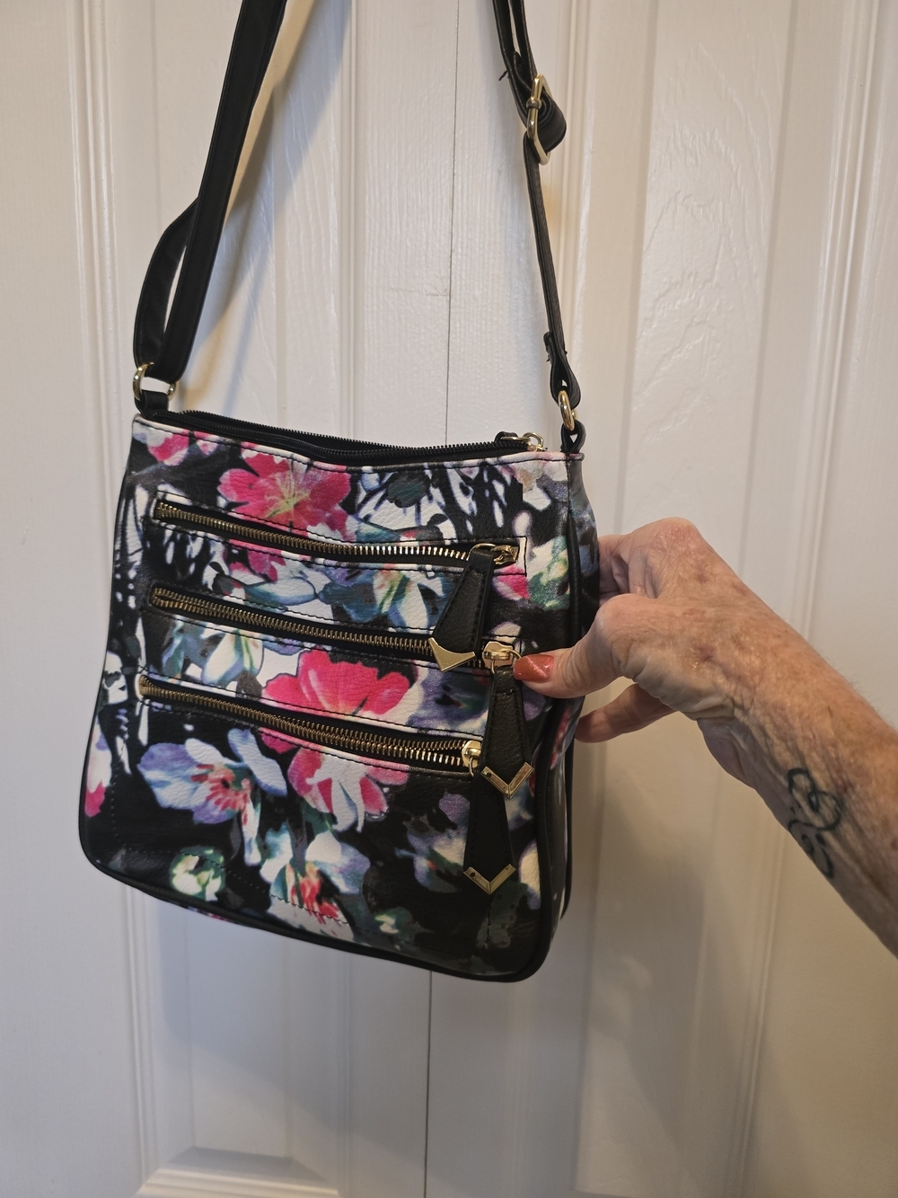 Floral Multi-Color Crossbody Bag with Gold Zippers AND Card Wallet.